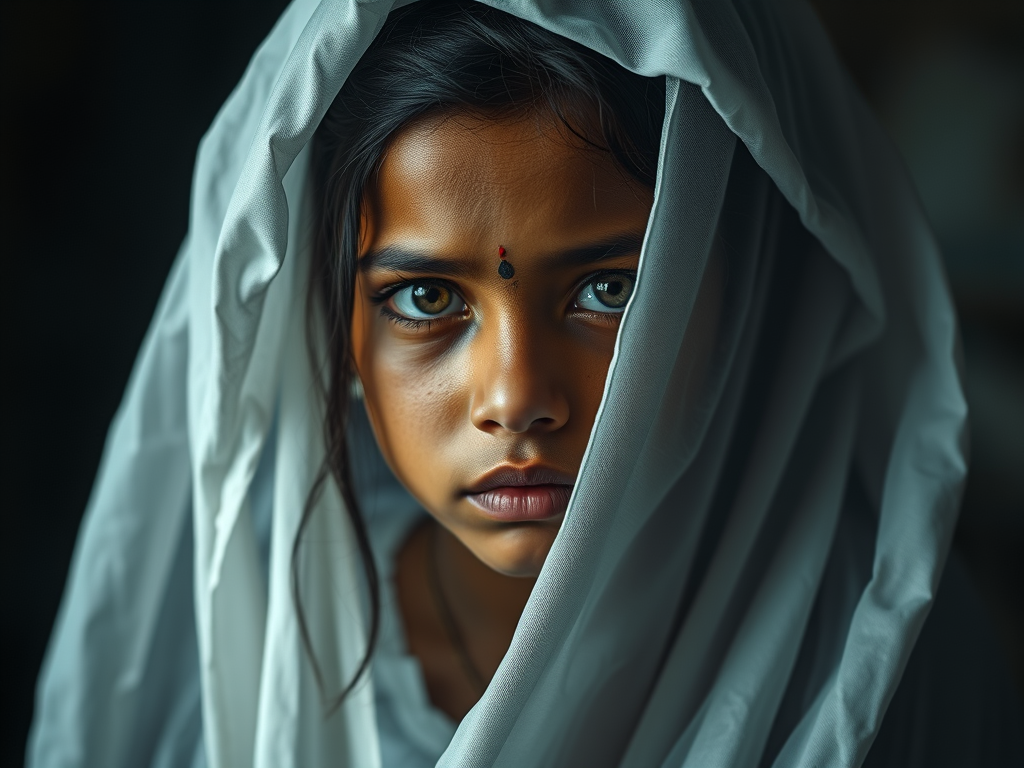 A young girl with long dark hair, partially covered by a white cloth, gazes intensely at the camera with a serious expression. She has a small red bindi on her forehead and her skin has warm tones, conveying a deep emotional presence.