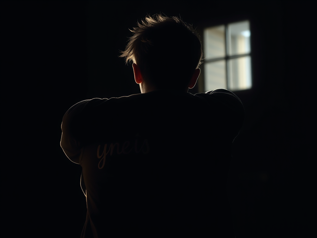 A person sitting in a dimly lit room with their back to the camera, looking towards a window light.