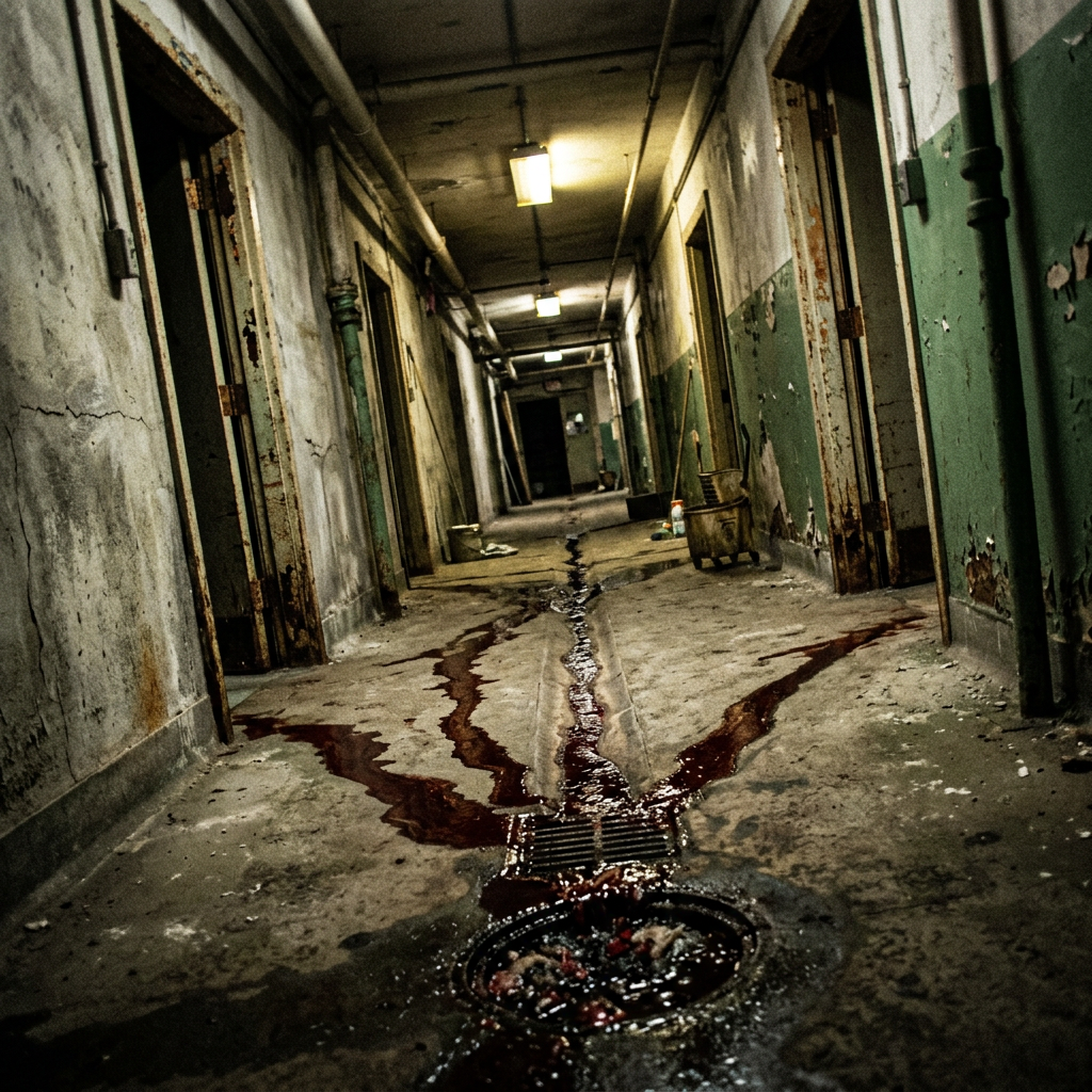 Long abandoned corridor with peeling paint and dark stains flowing into a drain