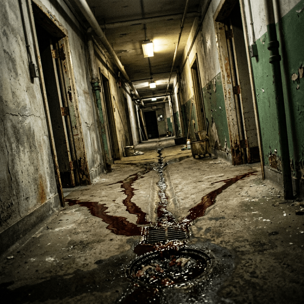 Long abandoned corridor with peeling paint and dark stains flowing into a drain
