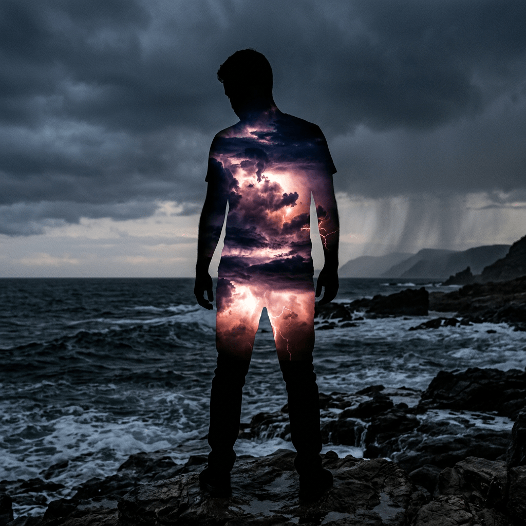 Silhouette of man by stormy sea with clouds and lightning inside figure
